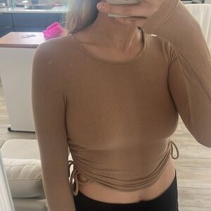 Princess Polly Cropped Long Sleeve Ribbed Ruched Top Tan Brown SIZE 0 Small